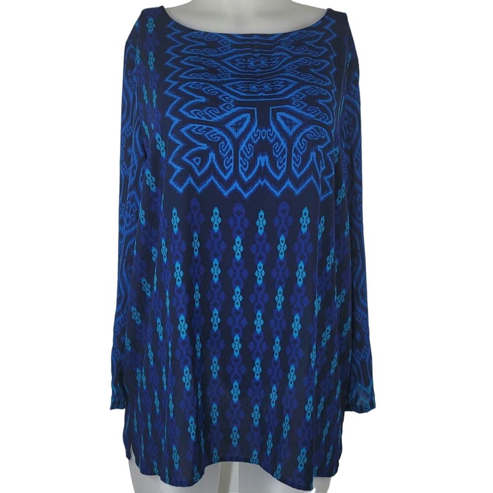 Bob Mackie Blue Mix Media Business Work Vacation Beautful Colors Womens Blouse L